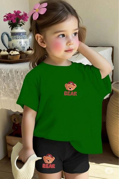 NO 601 Girl's Green Bear Printed Tshirt Shorts Bottom-Top Set for Ages 5-6 / 11-12