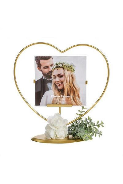 takı tutkum Decorative Gold Heart Shape Metal Frame with White Roses Wedding Bride