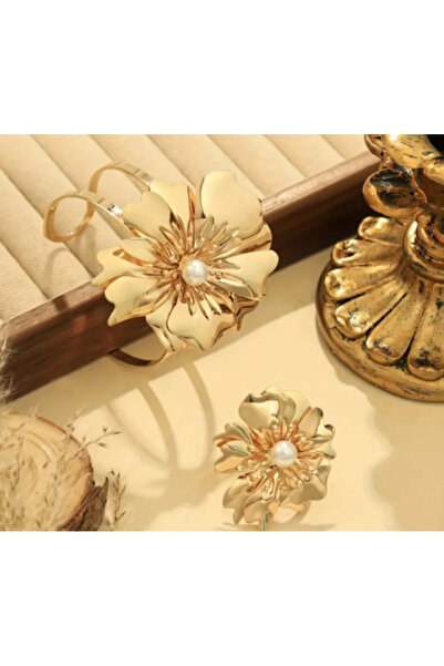SE Jewellery Collection Selin Ersoy Altın Kaplama İnci Detaylı Büyük Çiçek Yüzük ve Bileklik Seti