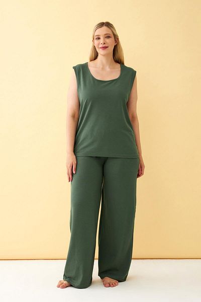 Akbeniz Women's Green Plus Size Combed Cotton Bottom Top Set