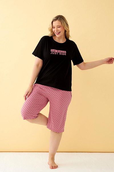 Akbeniz Women's Black "No Rules Just Ride" Written Large Size Capri Pajamas Set