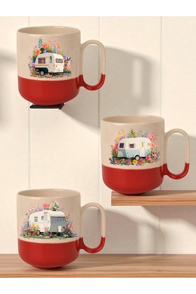 lili hediyelik Flower and Caravan Printed Red Base 3-Piece Mug - Home Kitchen Office Workplace Gift Item