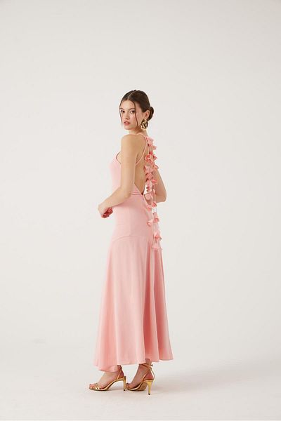 HOLLY LOLLY Long Raina Dress with Leaf Detail on Straps Pink
