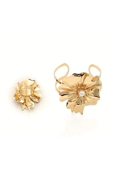 SE Jewellery Collection Selin Ersoy Altın Kaplama İnci Detaylı Büyük Çiçek Yüzük ve Bileklik Seti