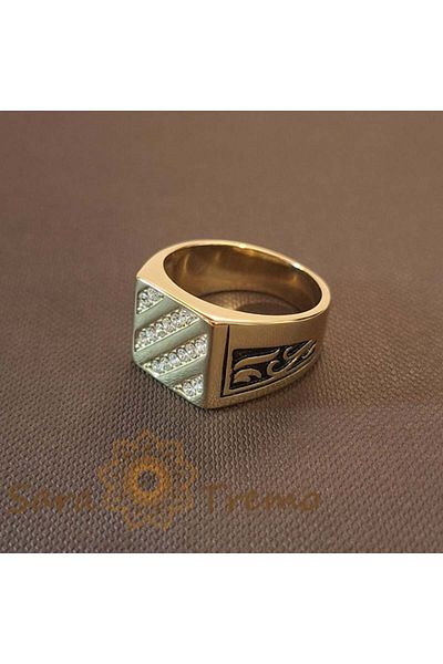 saratremo Masonic Ring with 5 Zirconia Crystals and Black Side Decorations, Luxury Brazil Range