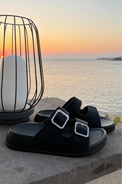 Melissa Boutique Women's Black Sparkle Glitter Sun Shining Fabric Orthopedic Sole Buckle Detailed Strappy Summer Slippers