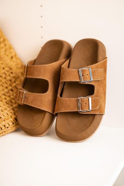 Lovittoman Buckle Detailed Tan Suede Poly Sole Men's Slippers