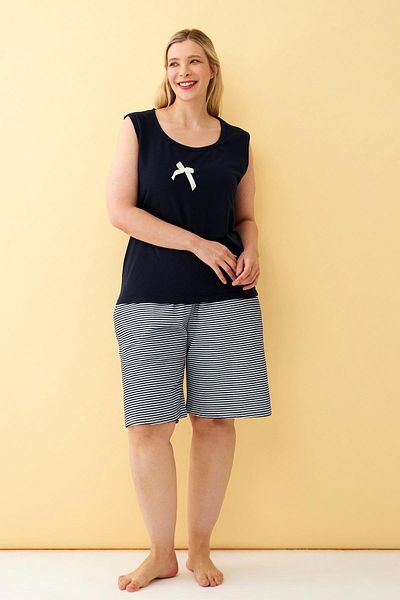 Akbeniz Women's Navy Blue Ribbon Detailed Shorts Plus Size Pajama Set