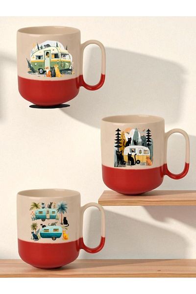 lili hediyelik Cat and Caravan Printed Red Base 3-Piece Mug - Home Kitchen Office Workplace Gift Item