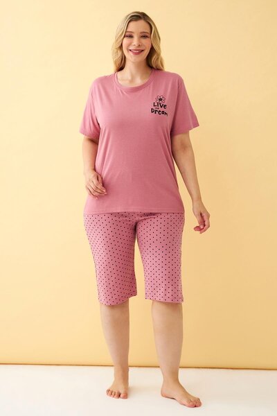Akbeniz Γυναικείο σετ πιτζάμες σομόν "Live the Dream" με γραμμένο μεγάλο μέγεθος Capri