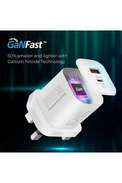 Promate Great speed and performance with the compact PowerPort-33 wall charger head, providing 33W of power delivery.