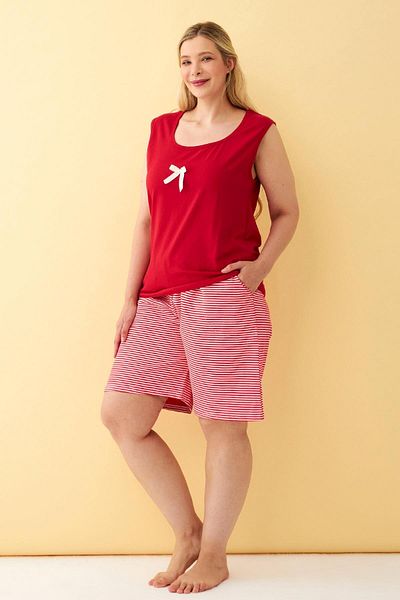 Akbeniz Women's Red Ribbon Detailed Shorts Plus Size Pajama Set