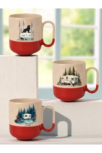 lili hediyelik Wolf and Caravan Printed Red Bottomed 3-Piece Mug - Home Kitchen Office Workplace Gift Item