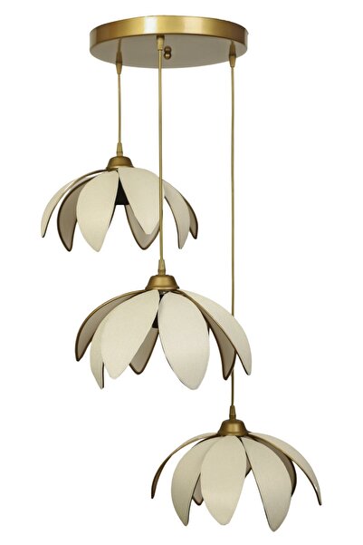 avizade Lotus Çiçeği Tasarımlı 3'lü Sarkıt Modern Avize - Eskitme Çerçeveli Kumaş Kaplama - E27 Duy Uyumlu