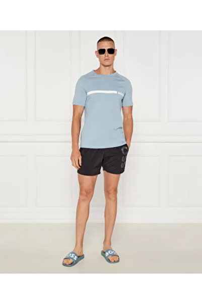 BOSS Men's Large Logo Detailed Upper Surface Comfortable and Flat Bottom Blue Slippers 50536835-483