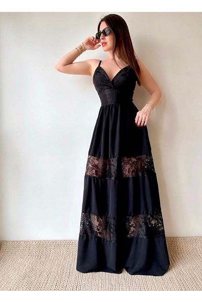 merysare Women's suspender lace detailed aerobin fabric chest low cut Maxi length evening dress (Color)