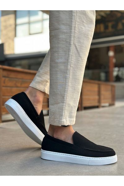 pabucmarketi Laceless Men's Casual Shoes Black Suede (White Sole)
