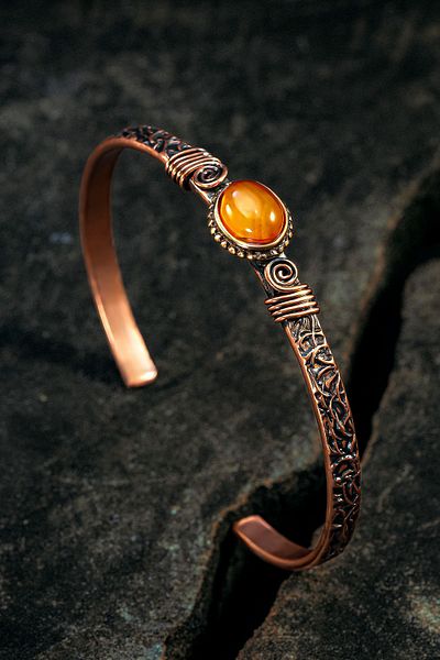 OSMANLI GÜMÜŞ Copper Handcuff Bracelet with Yellow Agate Natural Stone Men Women Quartz Stone and Metal Box