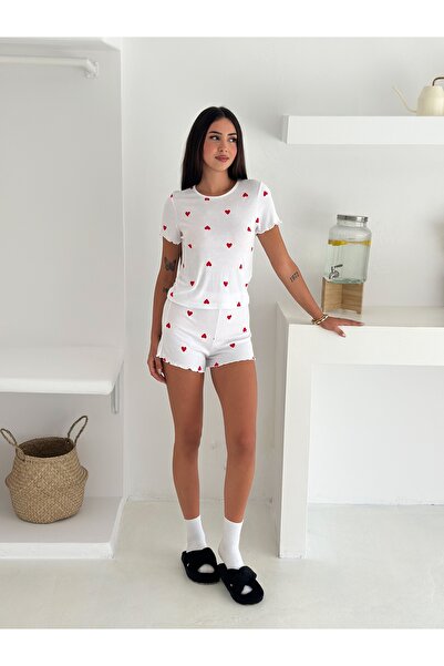 LETS BASIC Heart White Short Sleeve Shorts Pajama Set