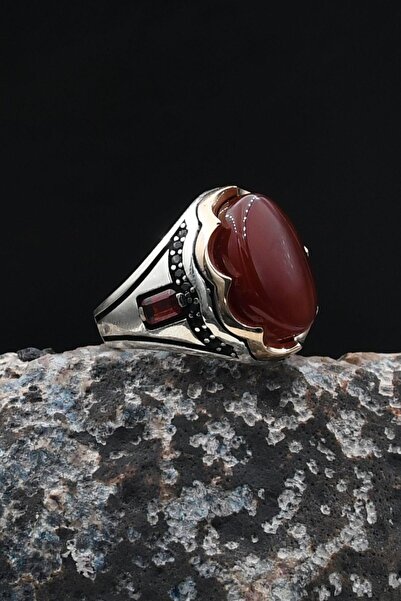 Prestige Akik Taşlı Zirkon Taş Süslemeli 925 Ayar Gümüş Yüzük 902036