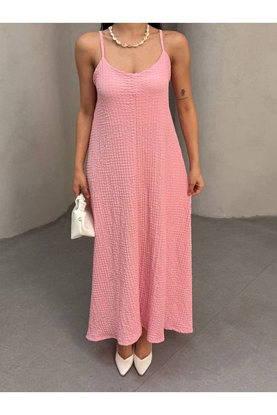asalya Women's Pink Adjustable Strap Seersucker Summer Dress