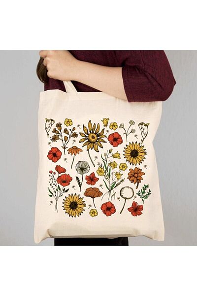 GİFTORA Flowers Printed Raw Cloth Shoulder Bag