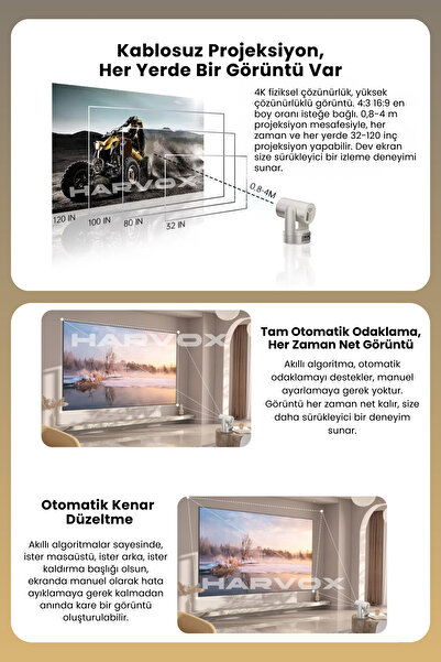 HARVOX Apollon HY7 Bataryalı Projeksiyon Cihazı Taşınabilir 4K Destekli 1080P Android Sistemli Projektör