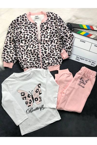 KGN GİYİM Girl's Cardigan Bottom Top Set (3 Pieces)