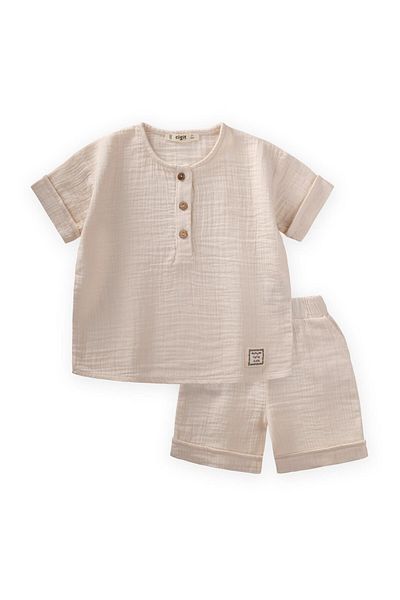 Cigit Muslin Short Sleeve Shorts Set 2-7 Years Ecru