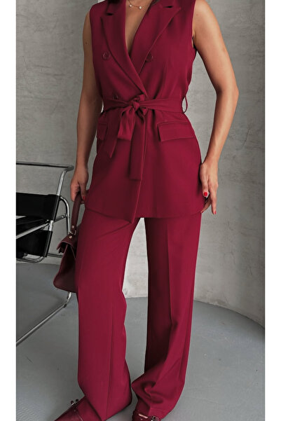 pembekurdelem Women's Belted Vest Trousers Suit Burgundy