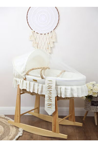 Fun Moment سلة موسى للطفل مع ناموسية وحامل خشبي هزاز