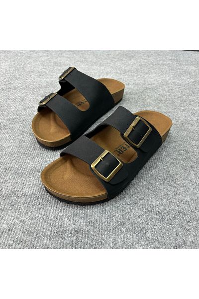 NO 601 Men's Black Orthopedic Daily Cork Non-Slip Sole Buckle Stylish Home Outdoor Slippers