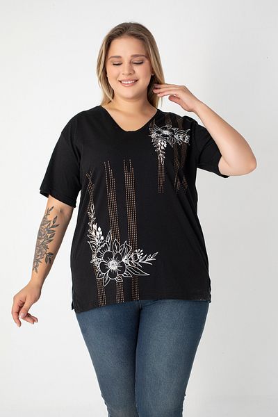 Orly More Printed Slit Cotton Women's V-Neck Plus Size T-Shirt