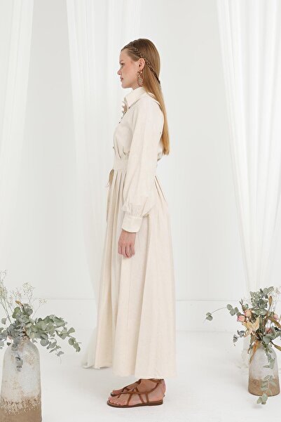 Loreen Γυναικείο φόρεμα με λεπτομέρεια με κουμπιά και γιακά δικαστή - 20688ELB - Πέτρα