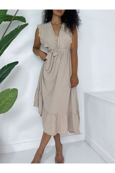KAZAK Ayrobin Dress with Ruffled Shoulders, Zero Sleeves, Elastic Waist and Lace - Mink