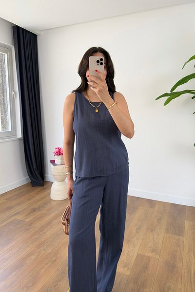 BİRCANÇİL Glow Navy Blue Linen Sleeveless Blouse Pants Set
