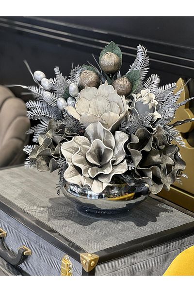 TASARIMHMODA Silver Flat Vase with Artificial Flower Arrangement