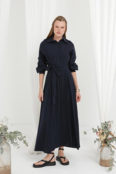 Loreen Women's Belted Button Detailed Judge Collar Dress - 20688Elb - Navy Blue
