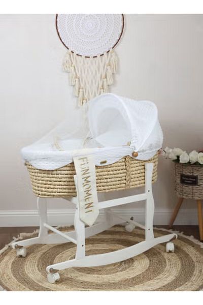 Fun Moment Moses Basket Cradle White Color with White Holder on Wheels