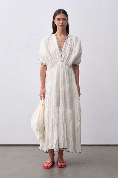 mathilda store White Crinkle V-Neck Maxi Dress