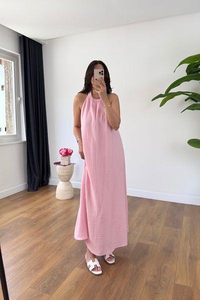 BİRCANÇİL Beysa Pink Buttoned Neckline Lined Muslin Dress