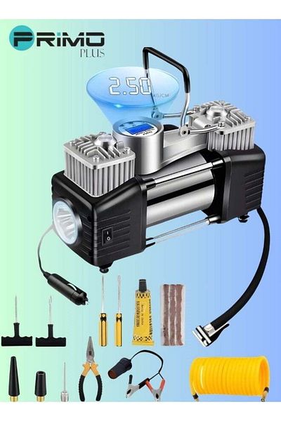 Primo Plus Heavy Duty Double Cylinder Tire Inflator with LED and Digital Pressure Gauge