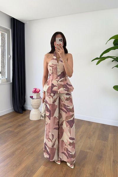 BİRCANÇİL Hosa Powder Plum Patterned Halter Vest Trousers Suit