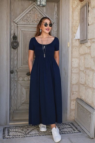 Modayakamoz New Season Women's Short Sleeve Round Neck Front Slit Pocket Viscose Long Dress