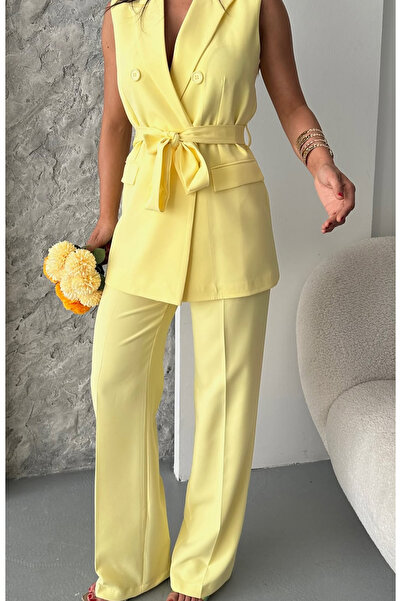 pembekurdelem Women's Belted Vest Trousers Set Yellow