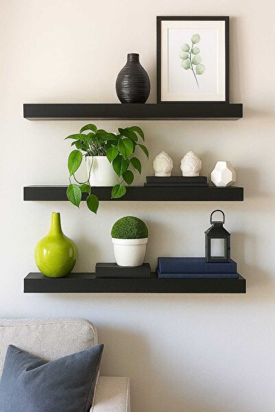 Woody Home Siyah Dekoratif Uçan Duvar Rafı Gizli Bağlantılı 3'lü Set 50x14