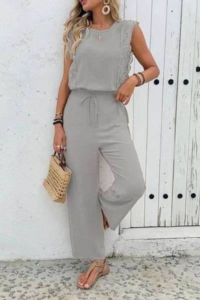 Mossta Lace Sleeveless Blouse and Wide Leg Pants Two-Piece Set - Beige