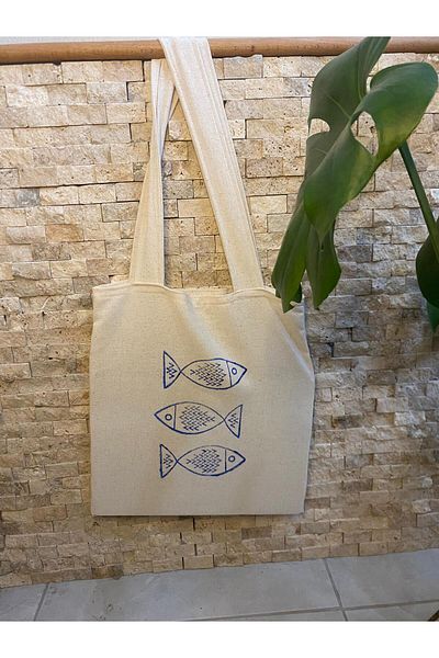GİFTORA Raw Cloth Bag Local Wooden Fish Print 35/40 Shoulder Bag