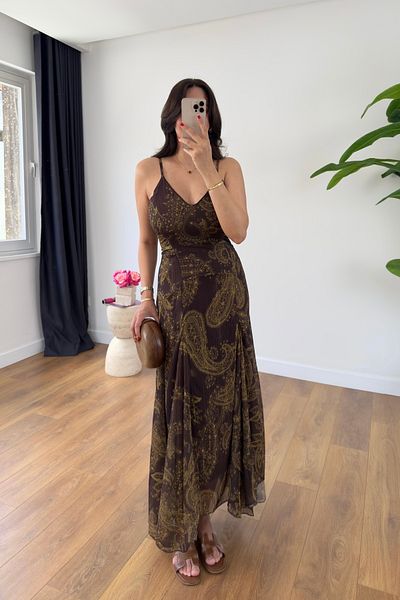 BİRCANÇİL Cora Brown Patterned Gold Sparkling Lined Tulle Dress
