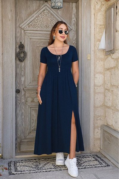 Modayakamoz New Season Women's Short Sleeve Round Neck Front Slit Pocket Viscose Long Dress